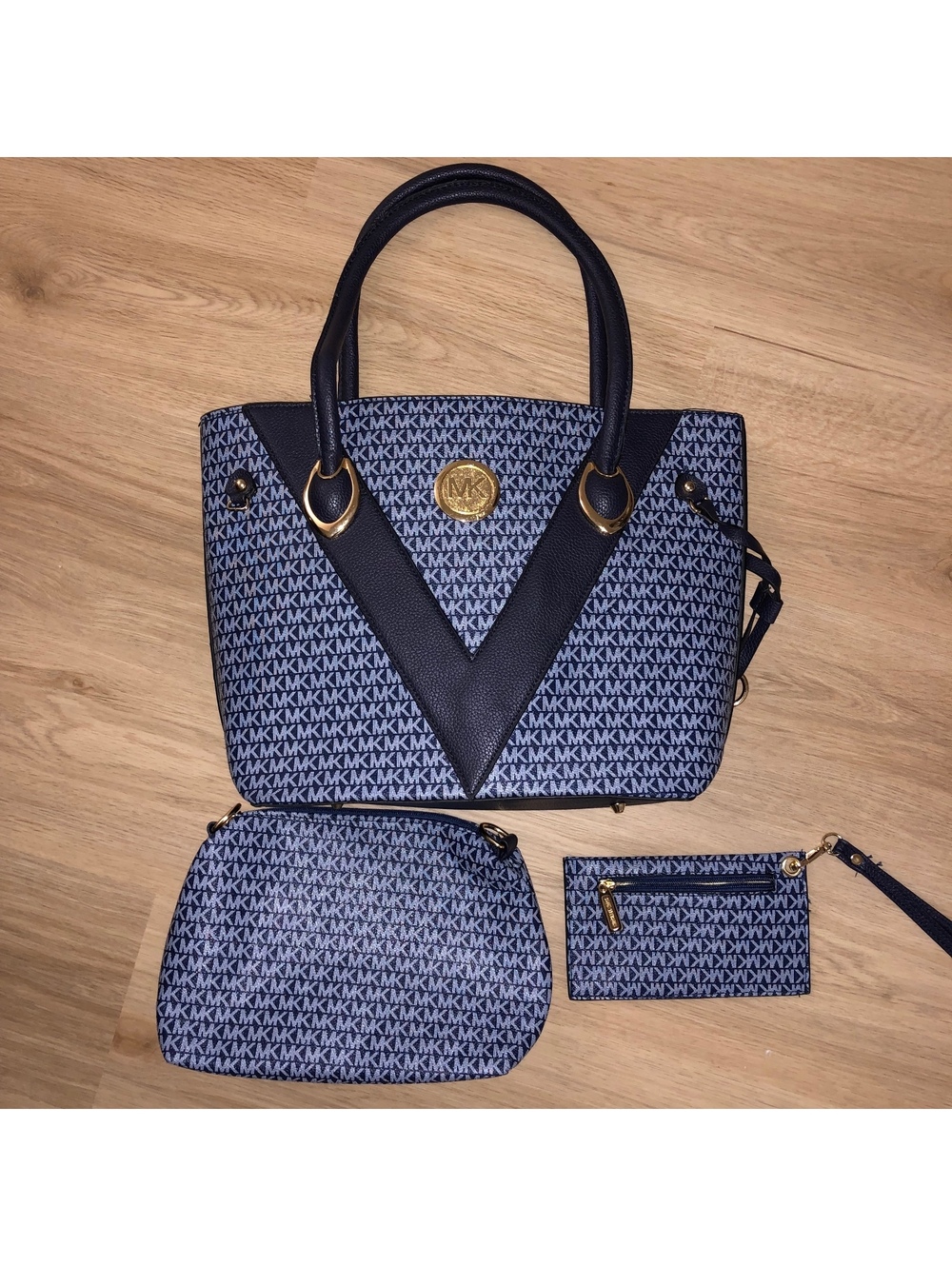 MICHAEL KORS 3 PC SIGNATURE MONOGRAM PURSE TOTE WALLET MAKEUP BAG SET BLUE